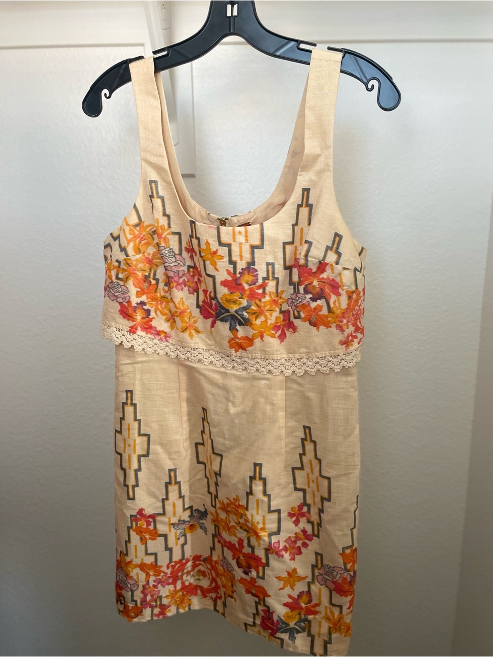 Free People Cream Mini Dress with Orange & Pink Floral Embroidery sz4 never worn